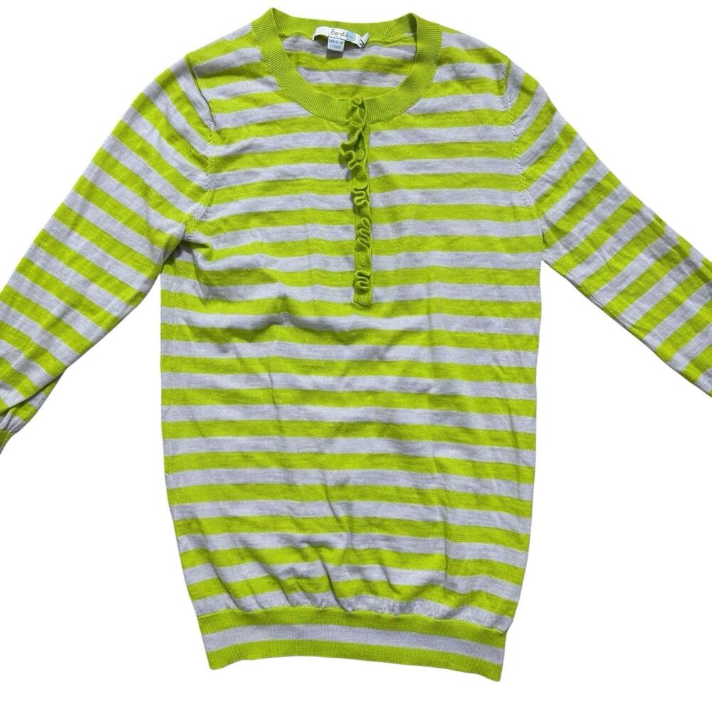 Boden Sweater Women's Sz 6 Green Striped 100% Wool Knit 3/4 Sleeve Lightweight